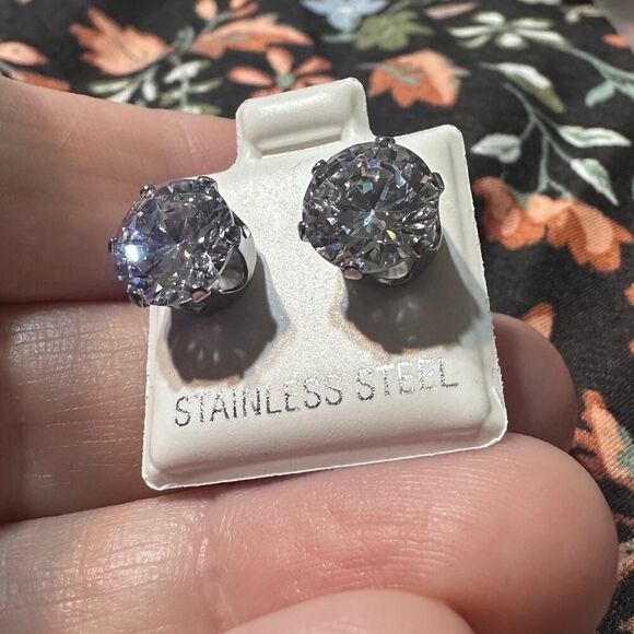 Stainless Steel 9mm Clear CZ Stud Earrings - Picture 8 of 8